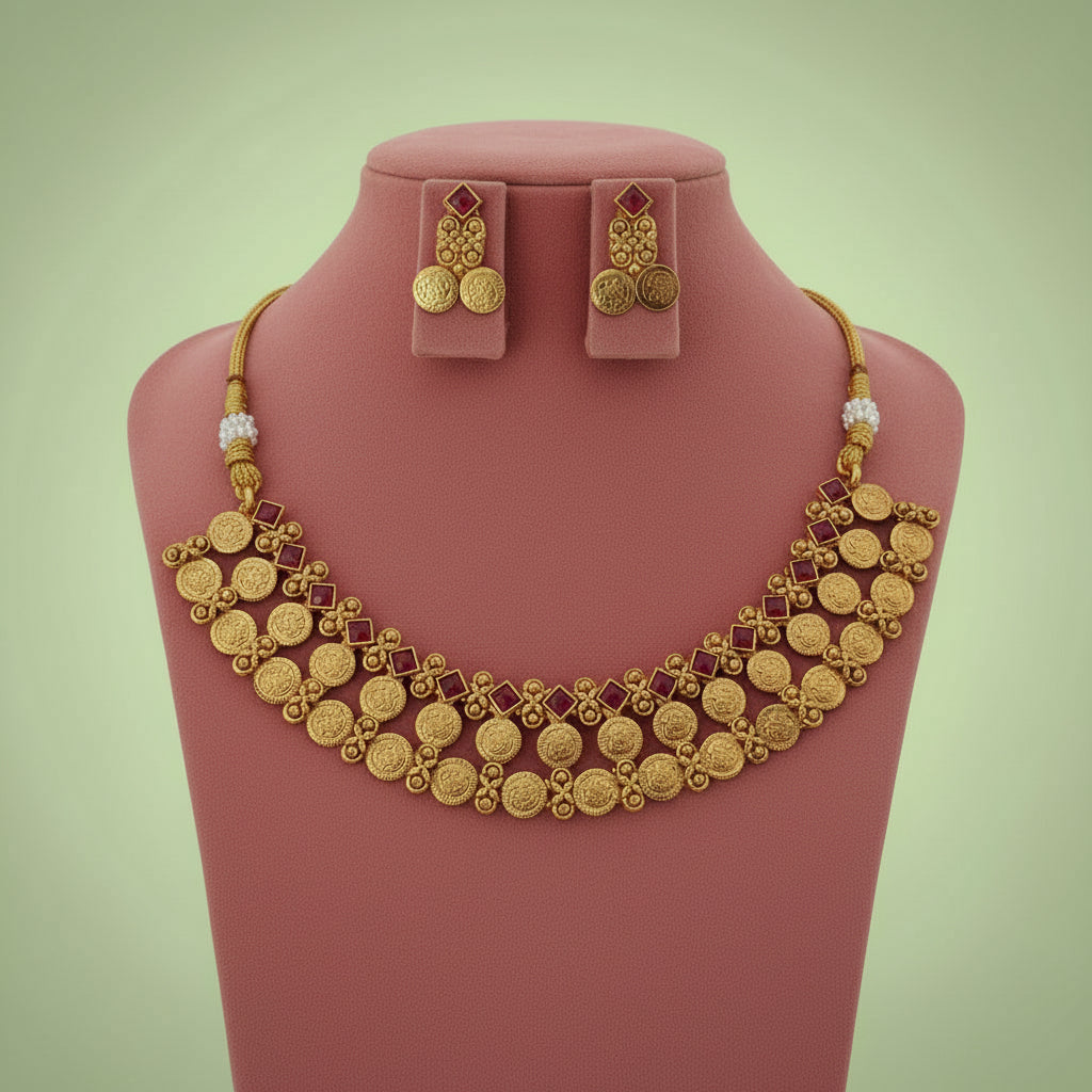 Gold necklace and earrings set on a pink mannequin with a green background