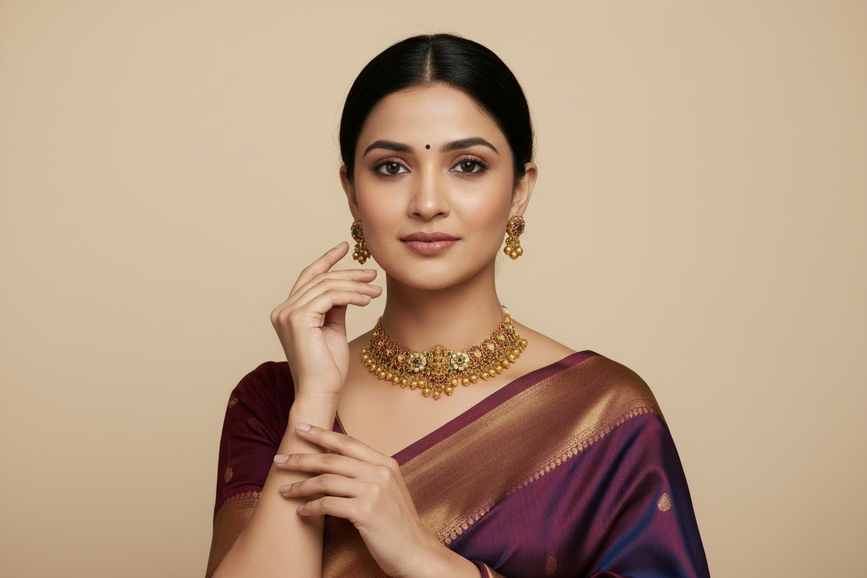Woman wearing a purple saree with gold jewelry against a cream background