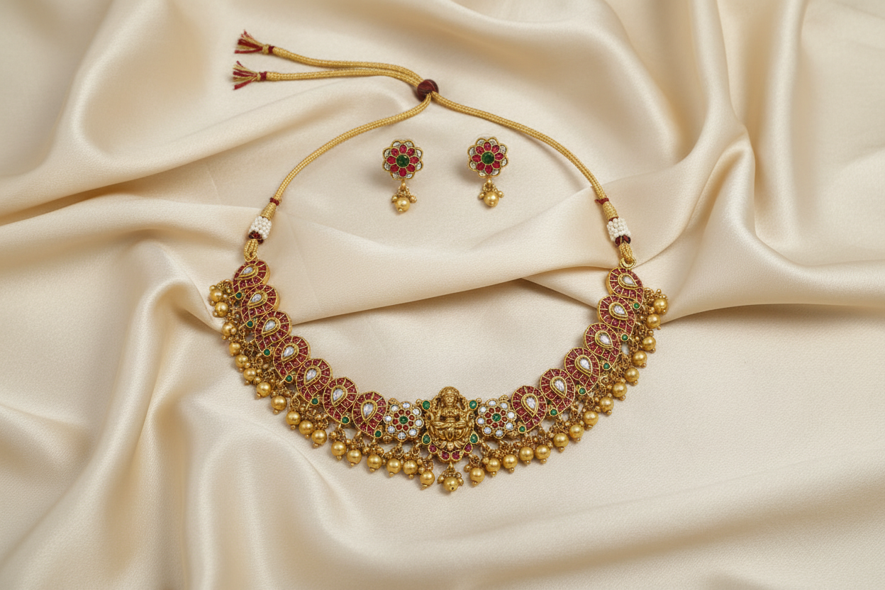 Gold necklace and earrings on a beige fabric background