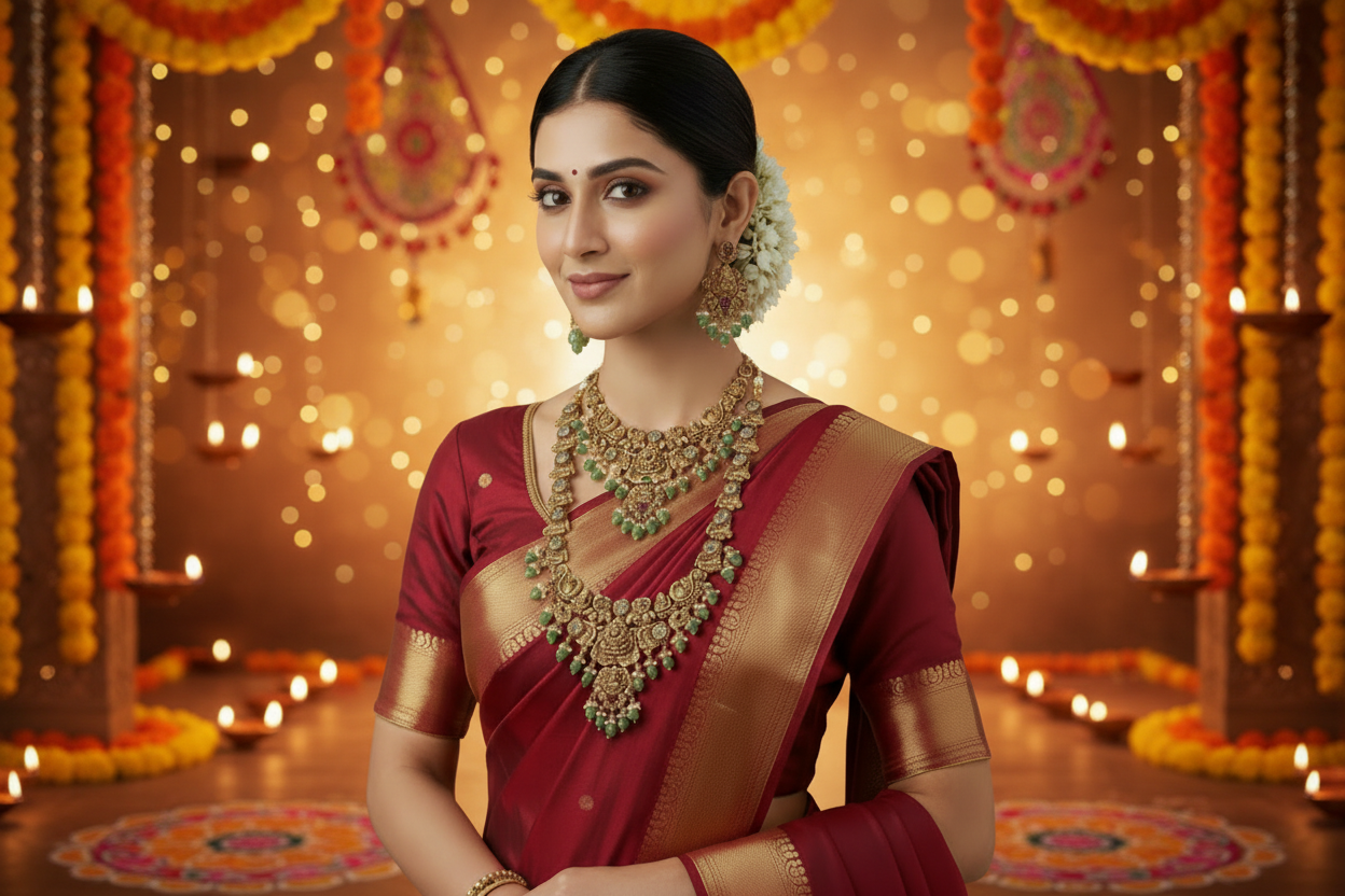 Woman in a maroon saree with gold border and jewelry on a beige background