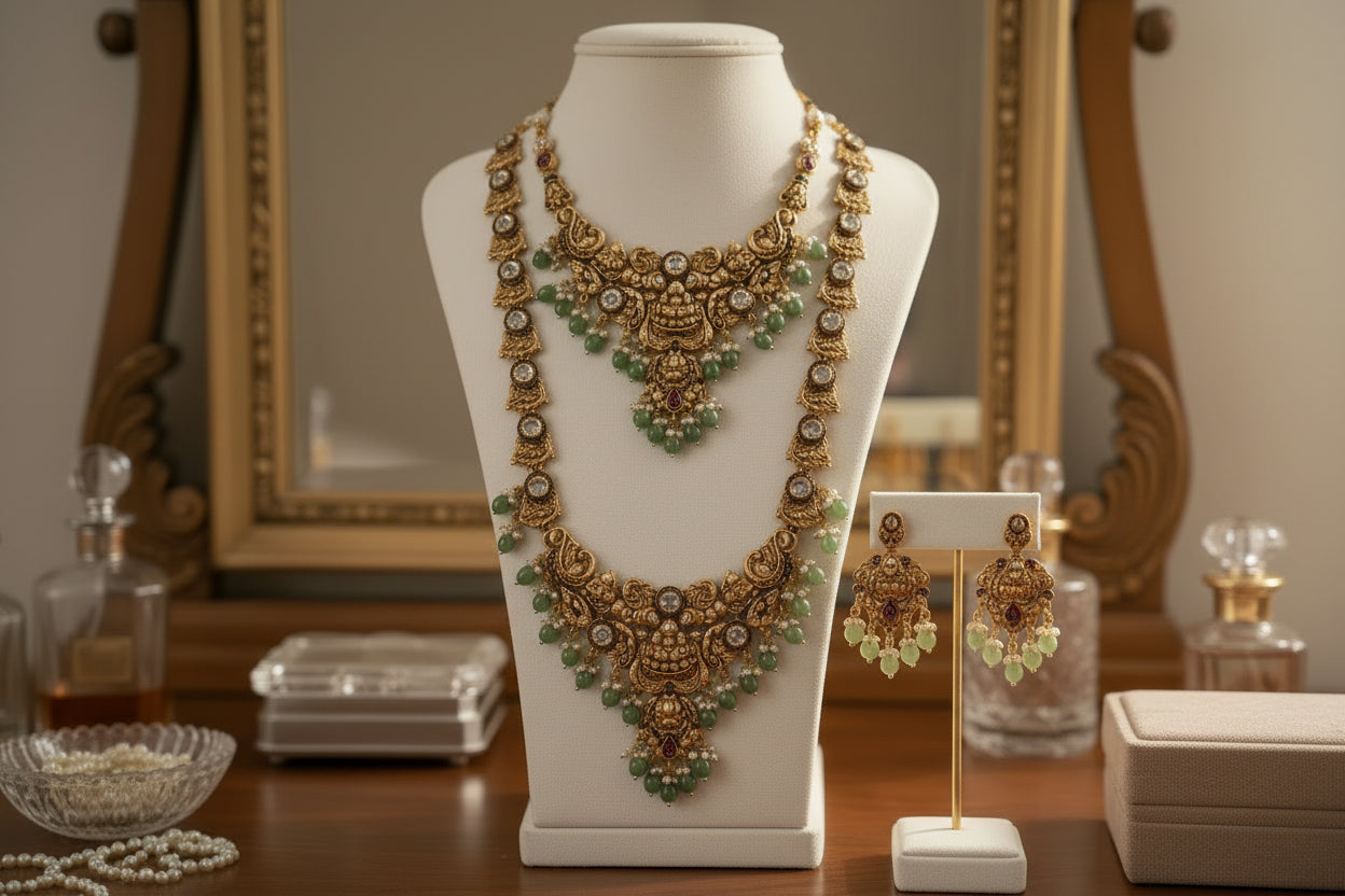 Gold necklace with green beads and matching earrings on a light red background