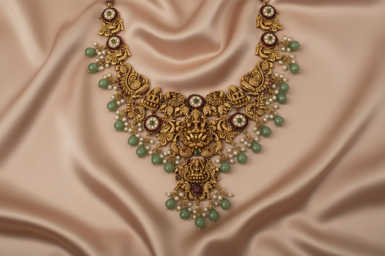 Ornate gold necklace with green beads on a beige fabric background