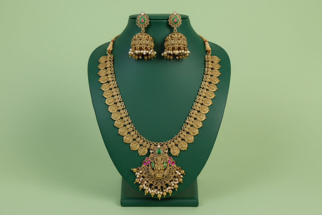 Gold necklace and earrings on a green stand against a green background
