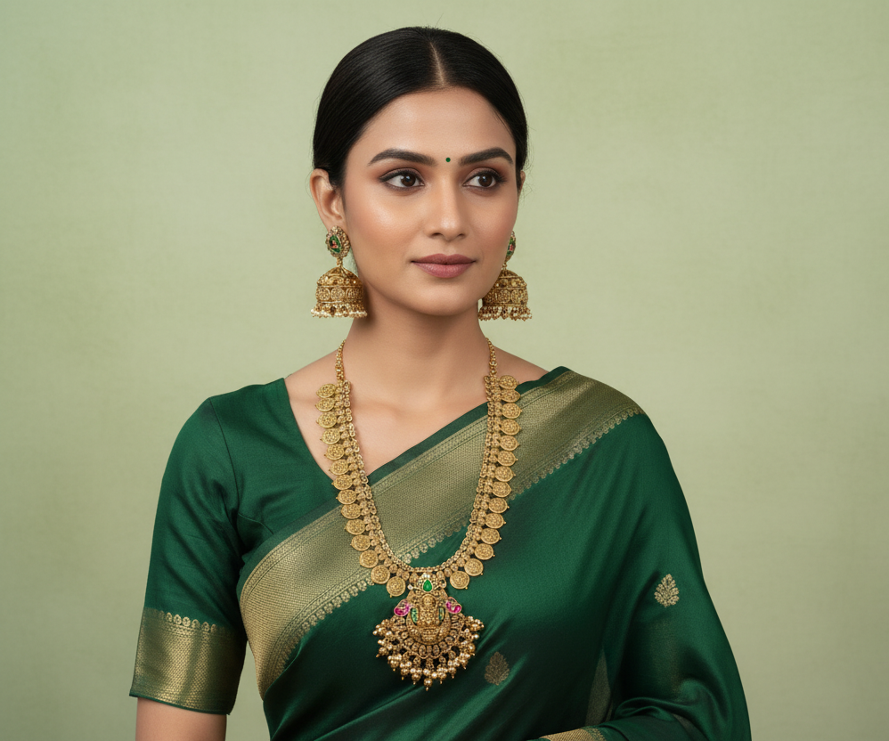 Woman wearing a green saree with gold jewelry on a light green background