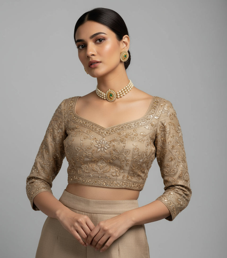 Woman wearing a beige embroidered blouse with a gray background