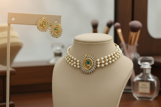 Pearl necklace with gold accents on a mannequin bust, accompanied by matching earrings.