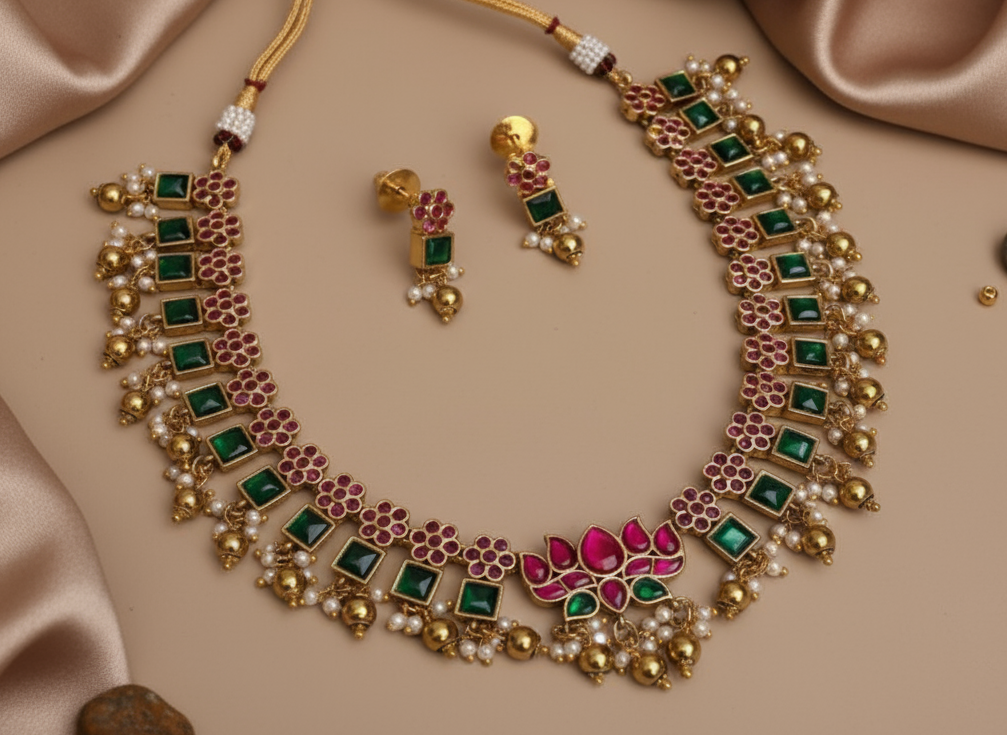 Ornate necklace with green and red stones on a beige fabric background