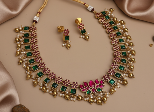 Ornate necklace with green and red stones on a beige fabric background