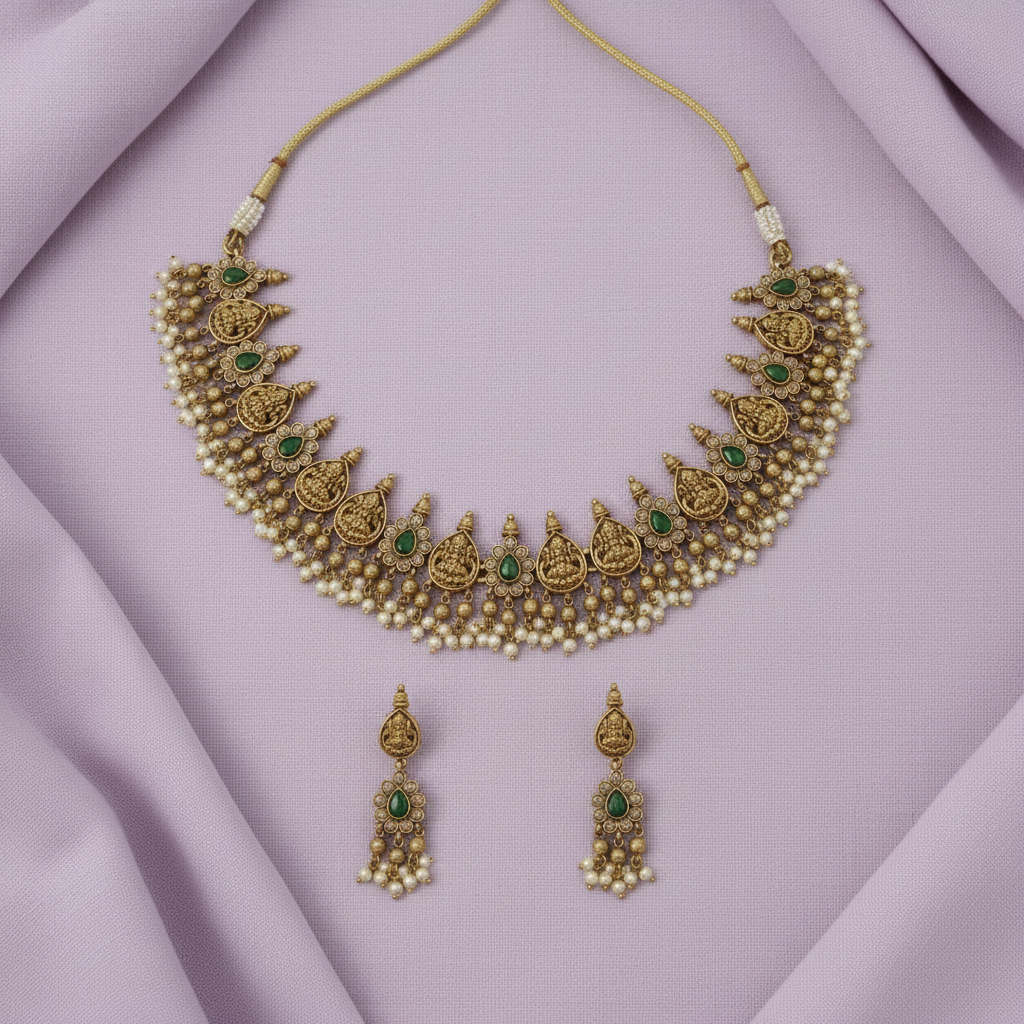 Ornate gold necklace with pearls and green stones on a purple fabric background