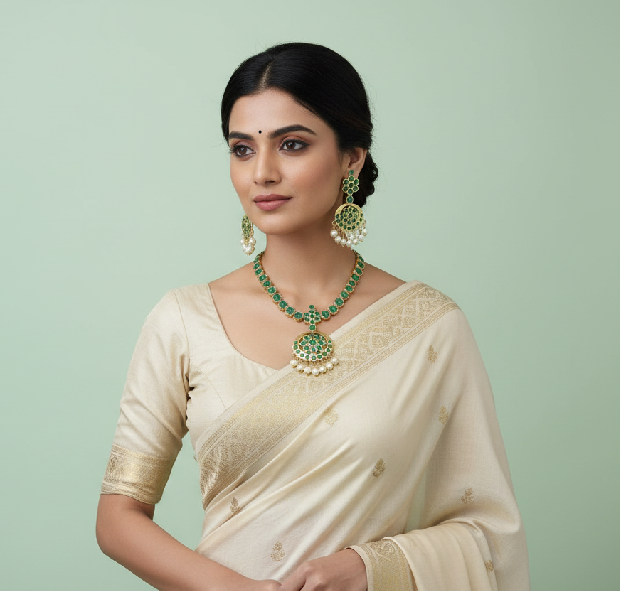 Woman wearing a cream saree with green jewelry against a light green background
