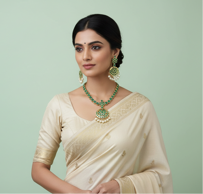 Woman wearing a cream saree with green jewelry against a light green background