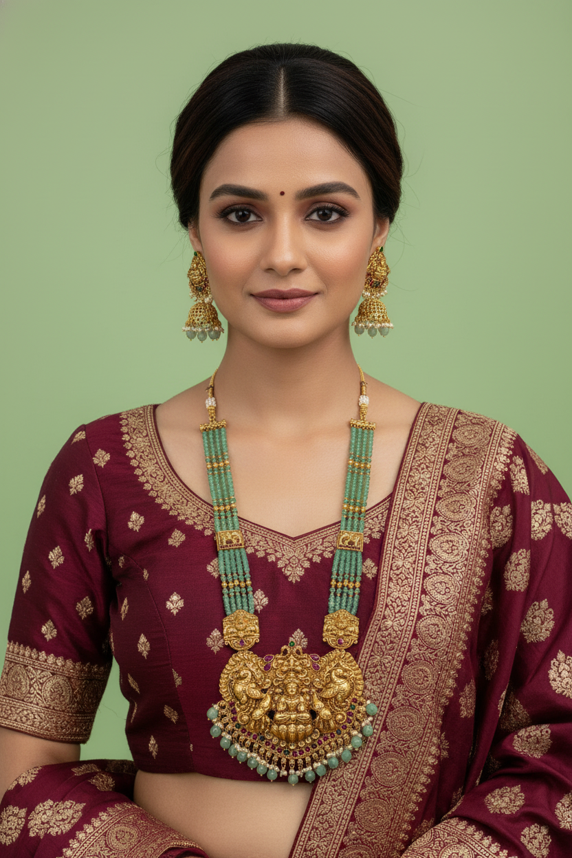 Woman wearing traditional maroon saree with gold and green jewelry against a light green background
