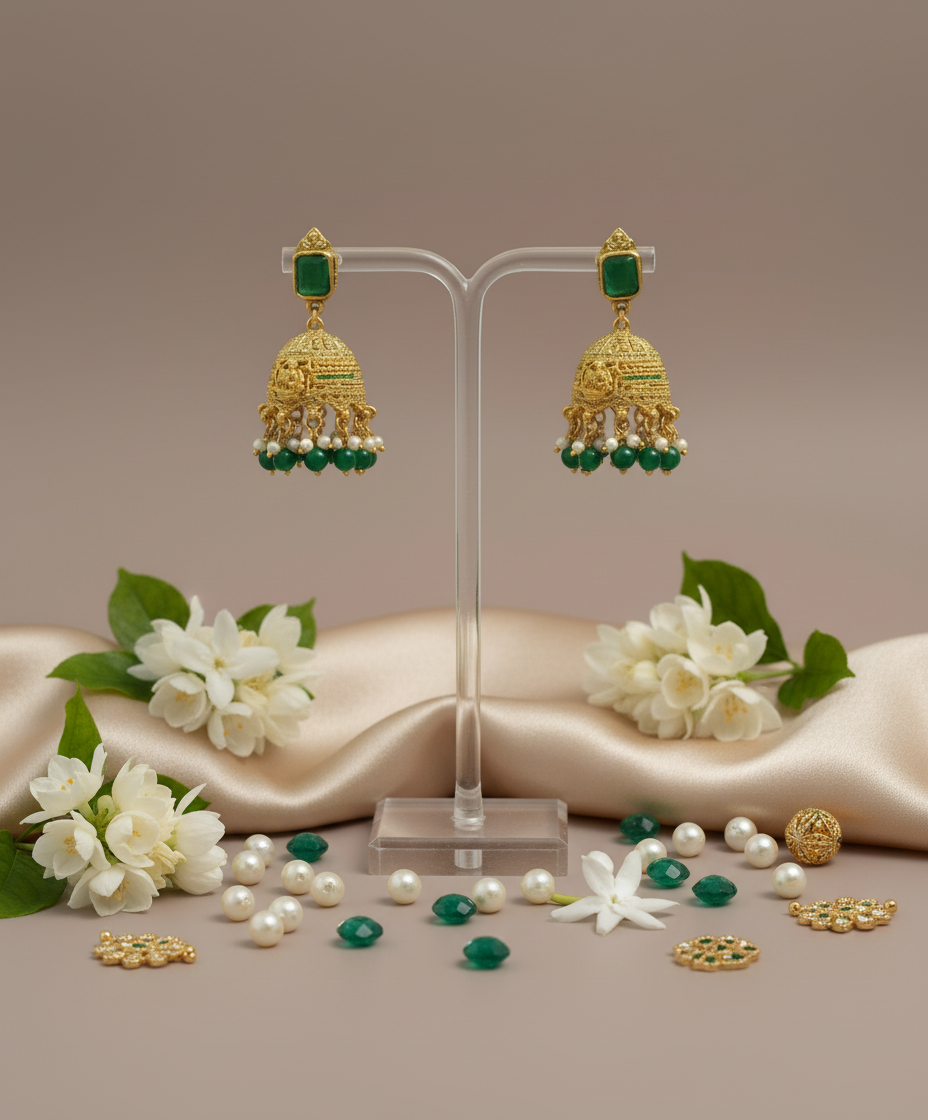 Gold and green earrings on a stand with flowers and pearls on a beige background