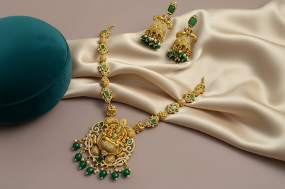 Green Jasmine Jadau Temple Necklace Set