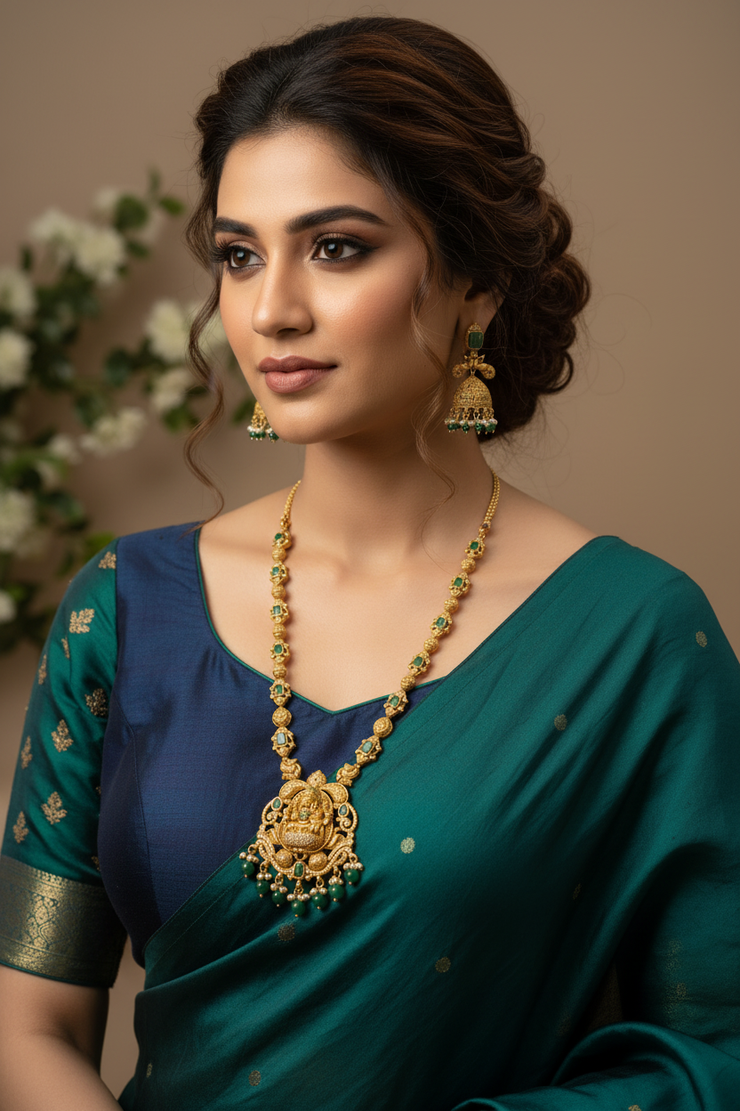 Green Jasmine Jadau Temple Necklace Set