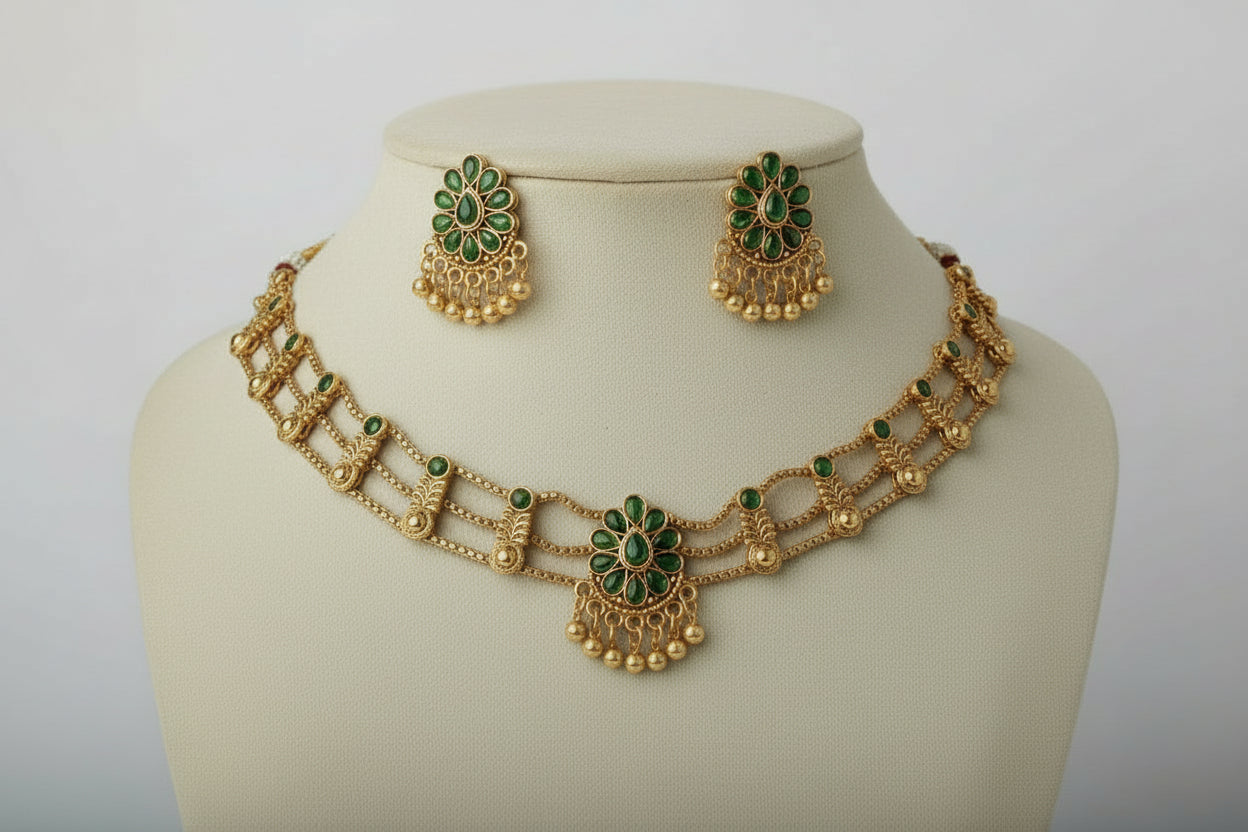 Gold necklace with green gemstones on a mannequin bust against a white background