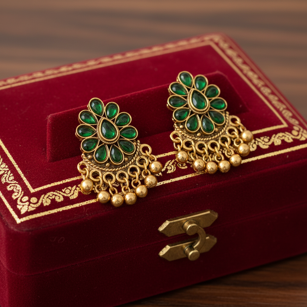 Pair of gold and green earrings on a white background
