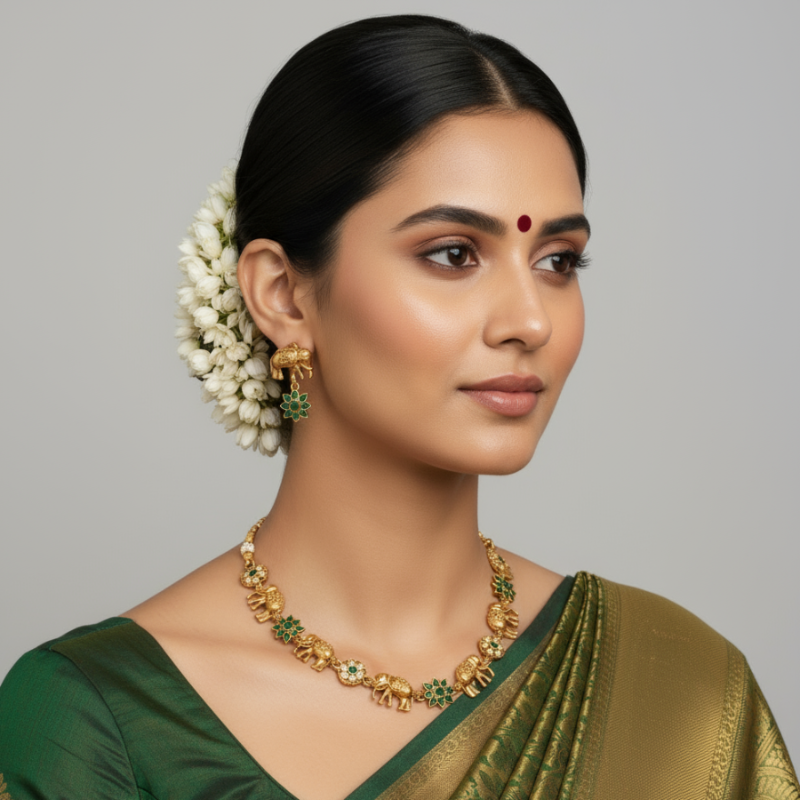 Woman wearing gold jewelry and a green saree against a gray background