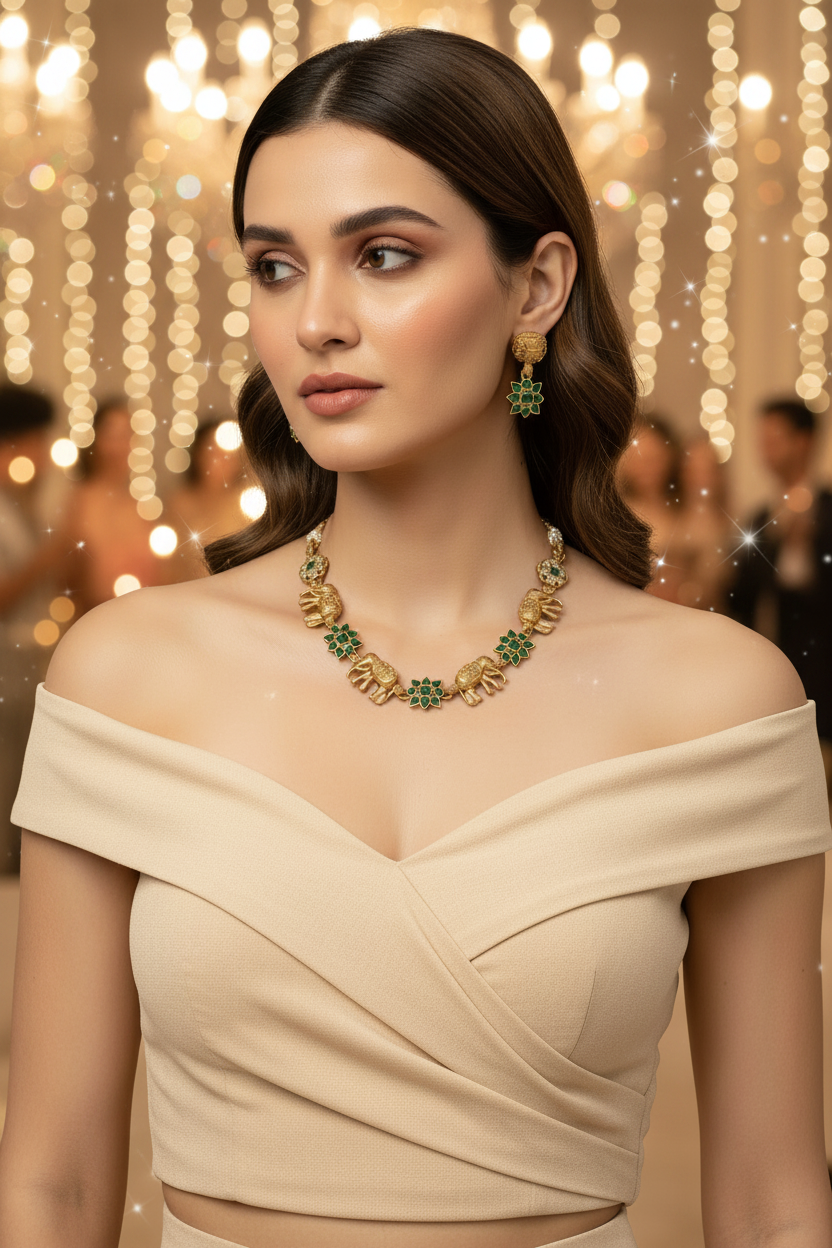 Green Kavya Elephant Necklace Set