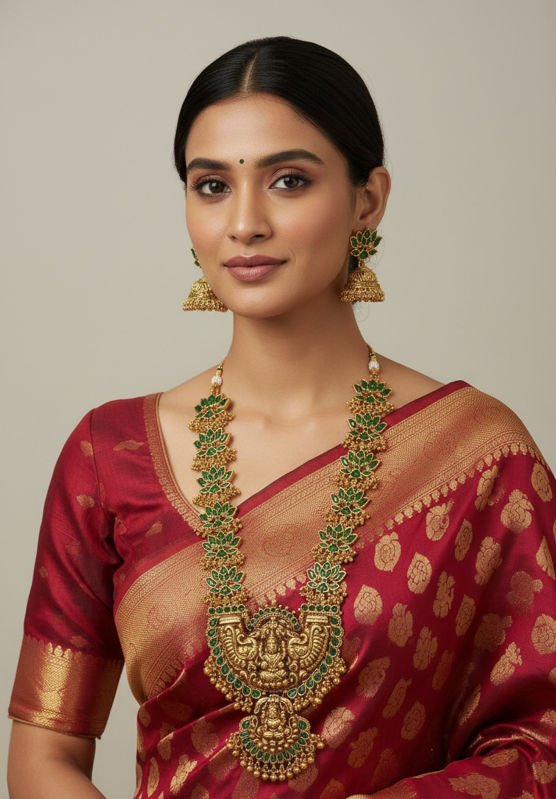 Woman wearing a traditional maroon saree with gold and green jewelry on a neutral background
