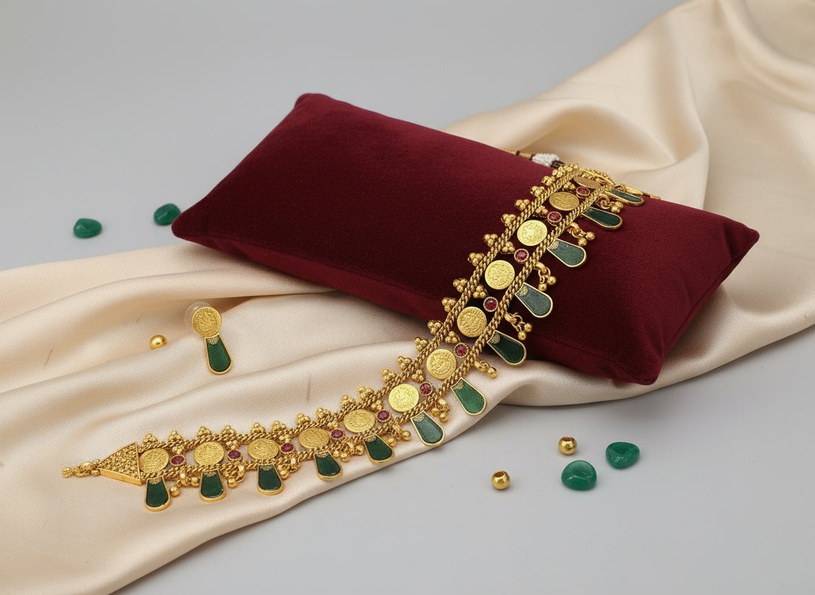 Gold necklace with green stones on a red pillow and beige fabric background