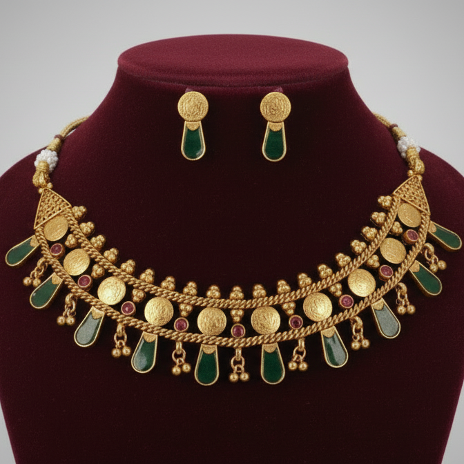 Gold necklace with green stones on a red velvet stand against a gray background