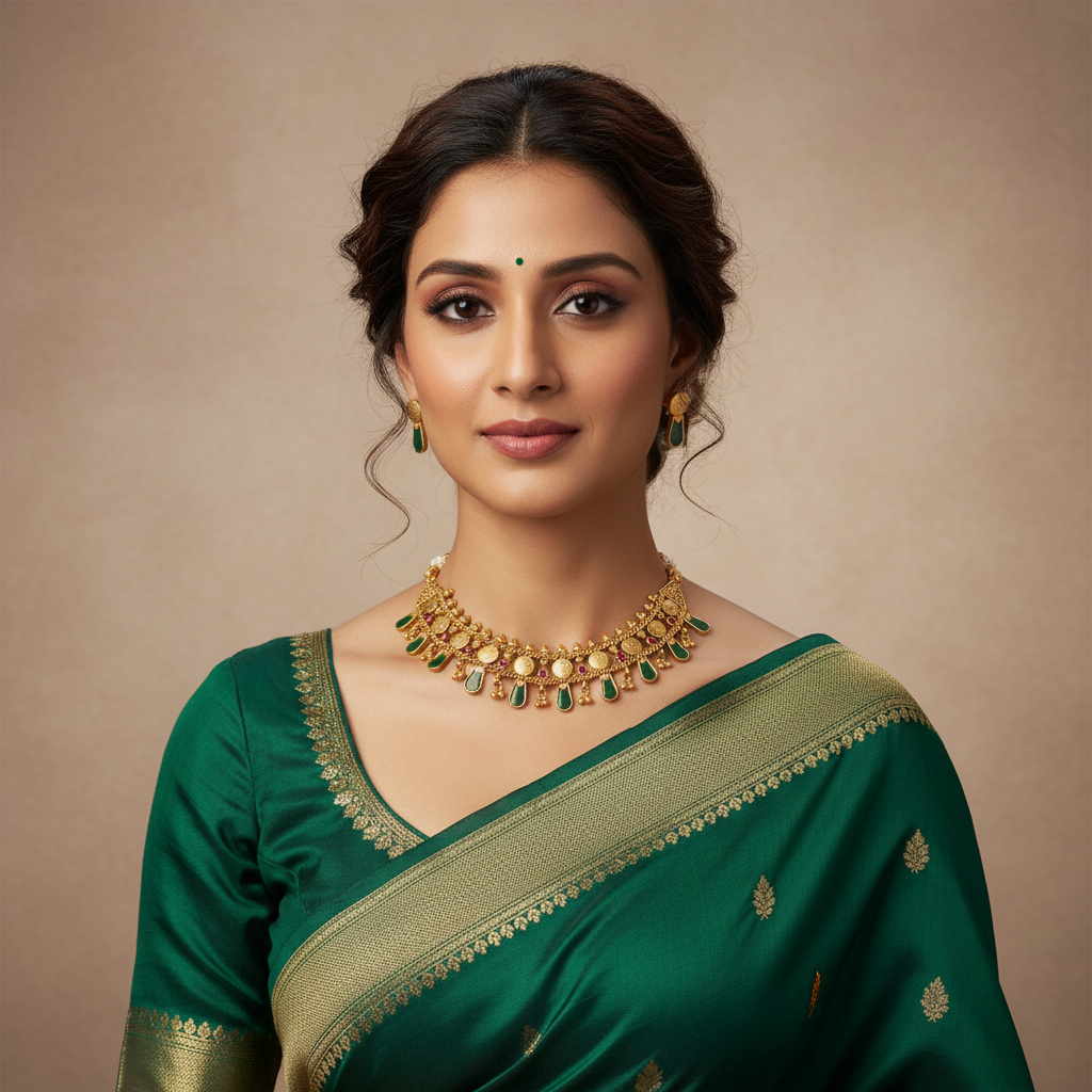 Woman wearing a green saree with gold jewelry on a light brown background
