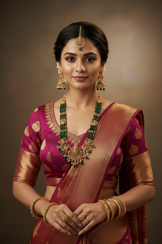 Woman in traditional Indian attire with jewelry against a brown background
