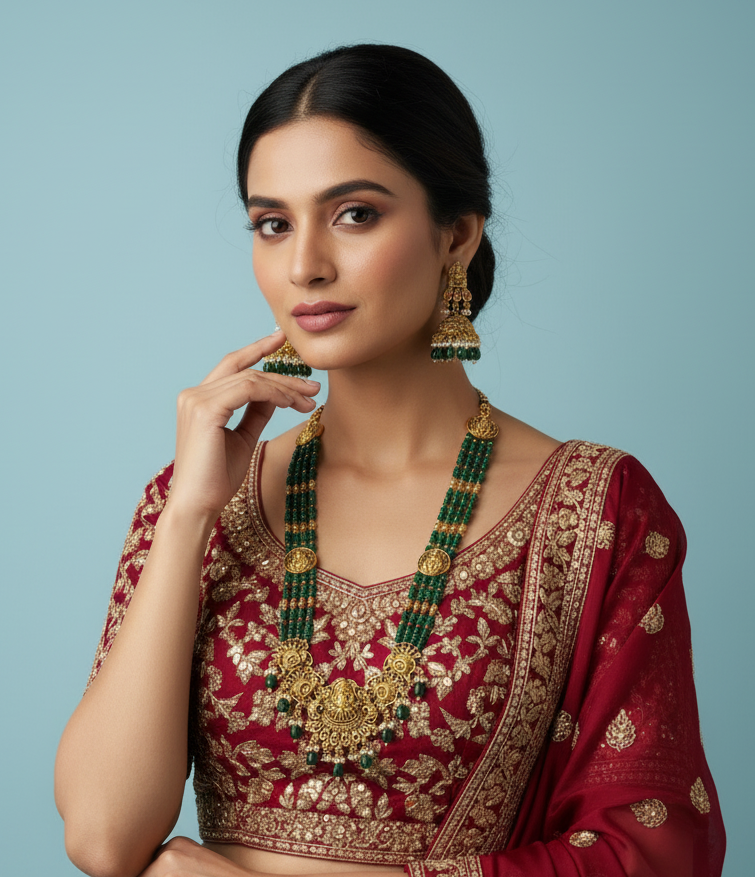 Woman wearing a traditional red and gold embroidered saree with green jewelry against a light blue background
