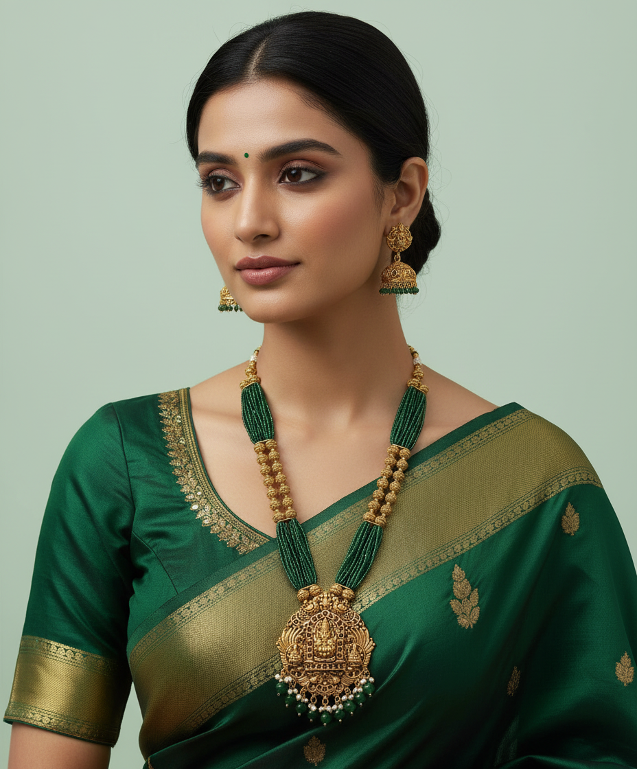 Woman wearing a green saree with gold jewelry on a light green background