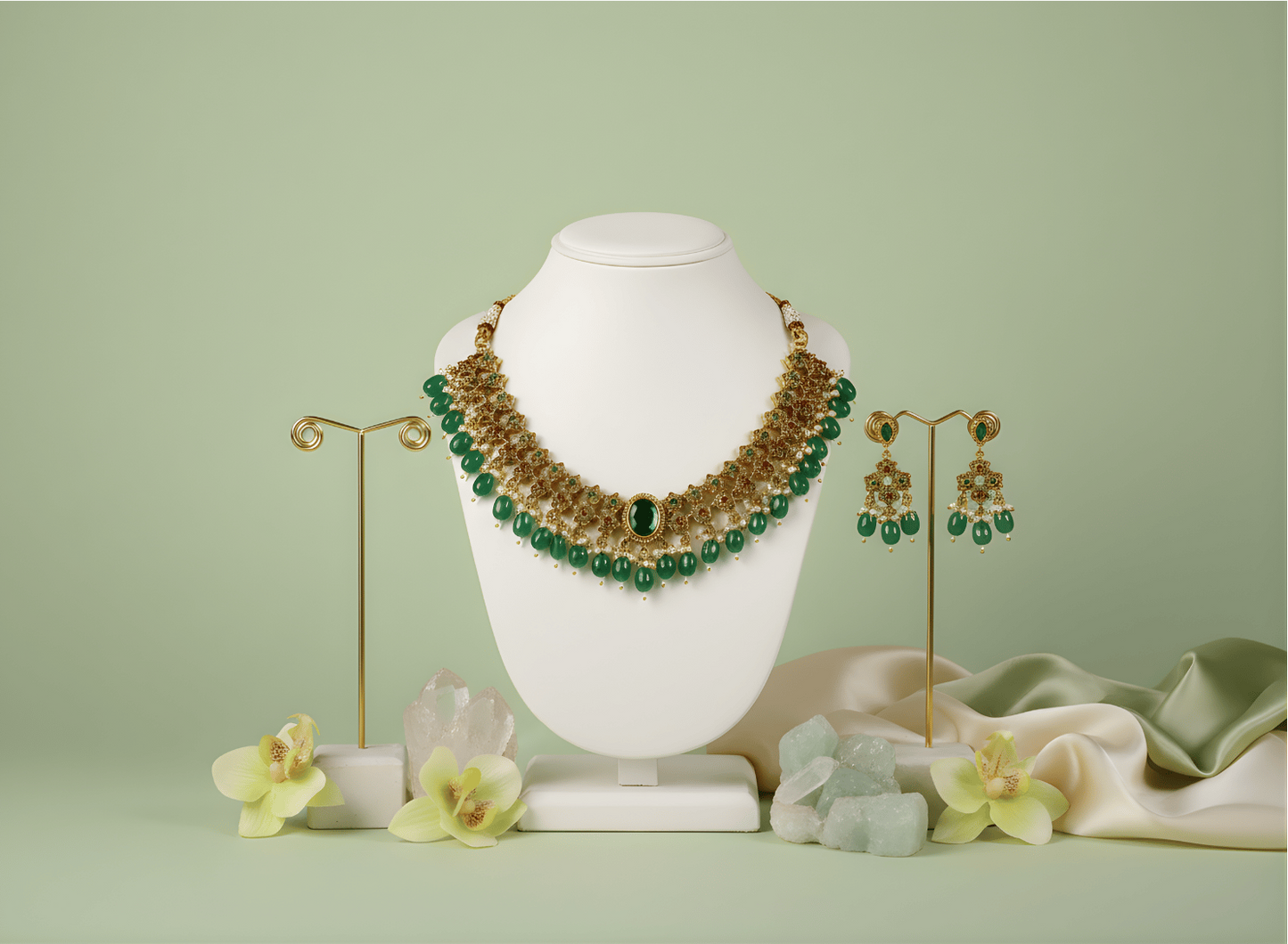 Necklace on a white stand with a green background