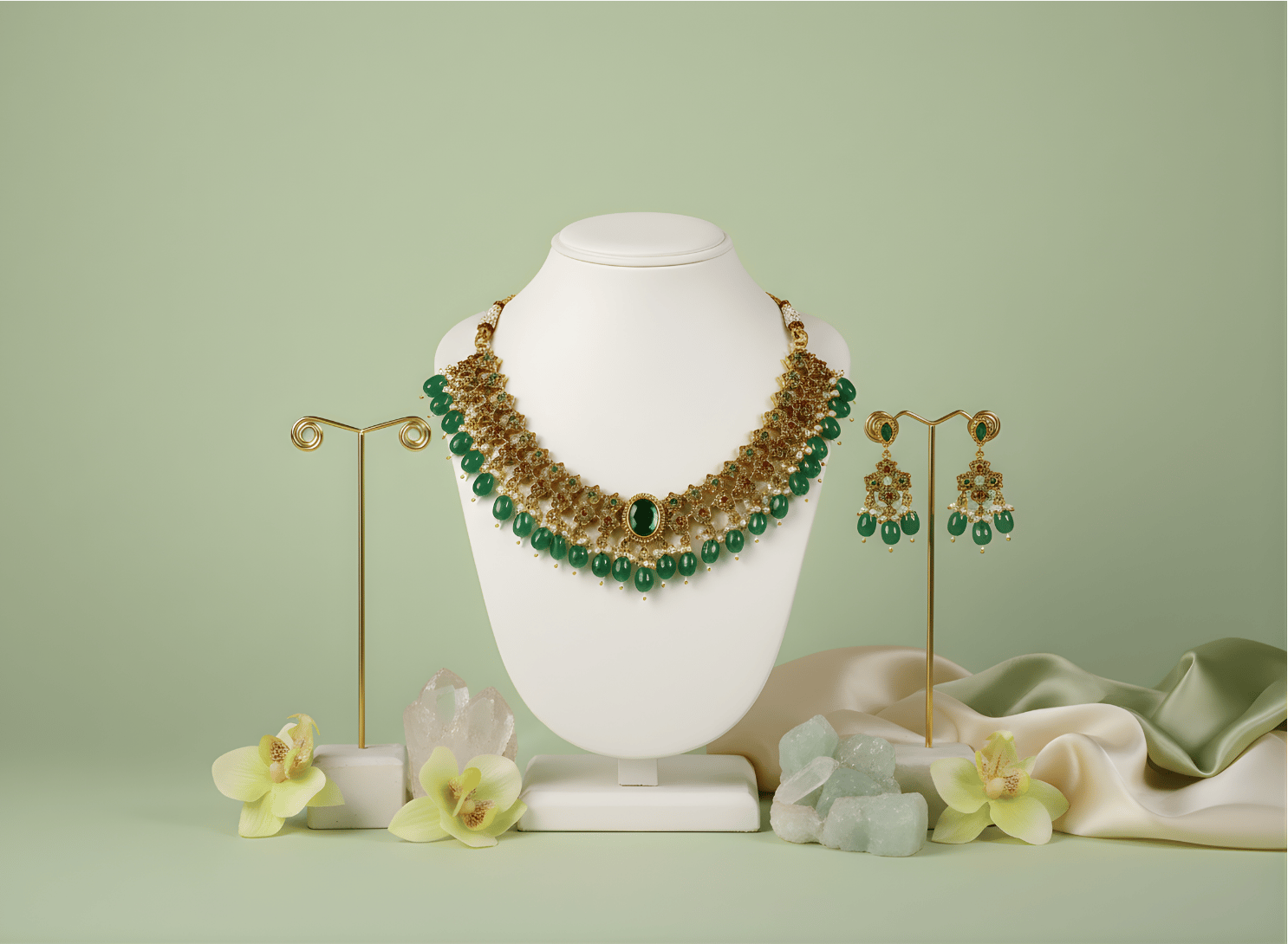 Necklace on a white stand with a green background