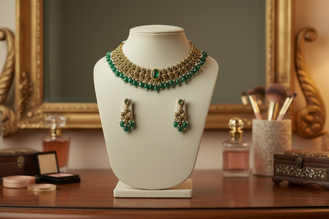 Gold and green necklace with matching earrings on a mannequin bust against a gray background