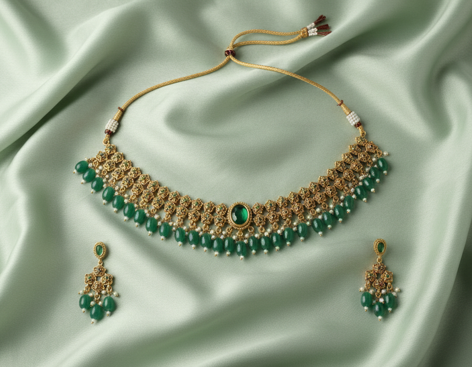 Gold necklace with green beads and matching earrings on a satin surface