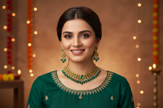 Woman wearing green traditional attire with gold and green jewelry against a warm-toned background with lights.