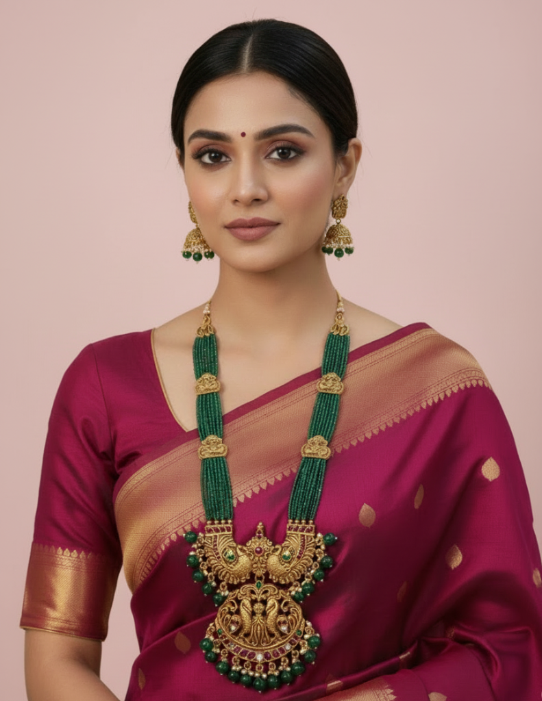 Woman wearing a maroon saree with gold and green jewelry on a pink background