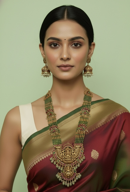 Woman wearing traditional jewelry and a saree against a light green background