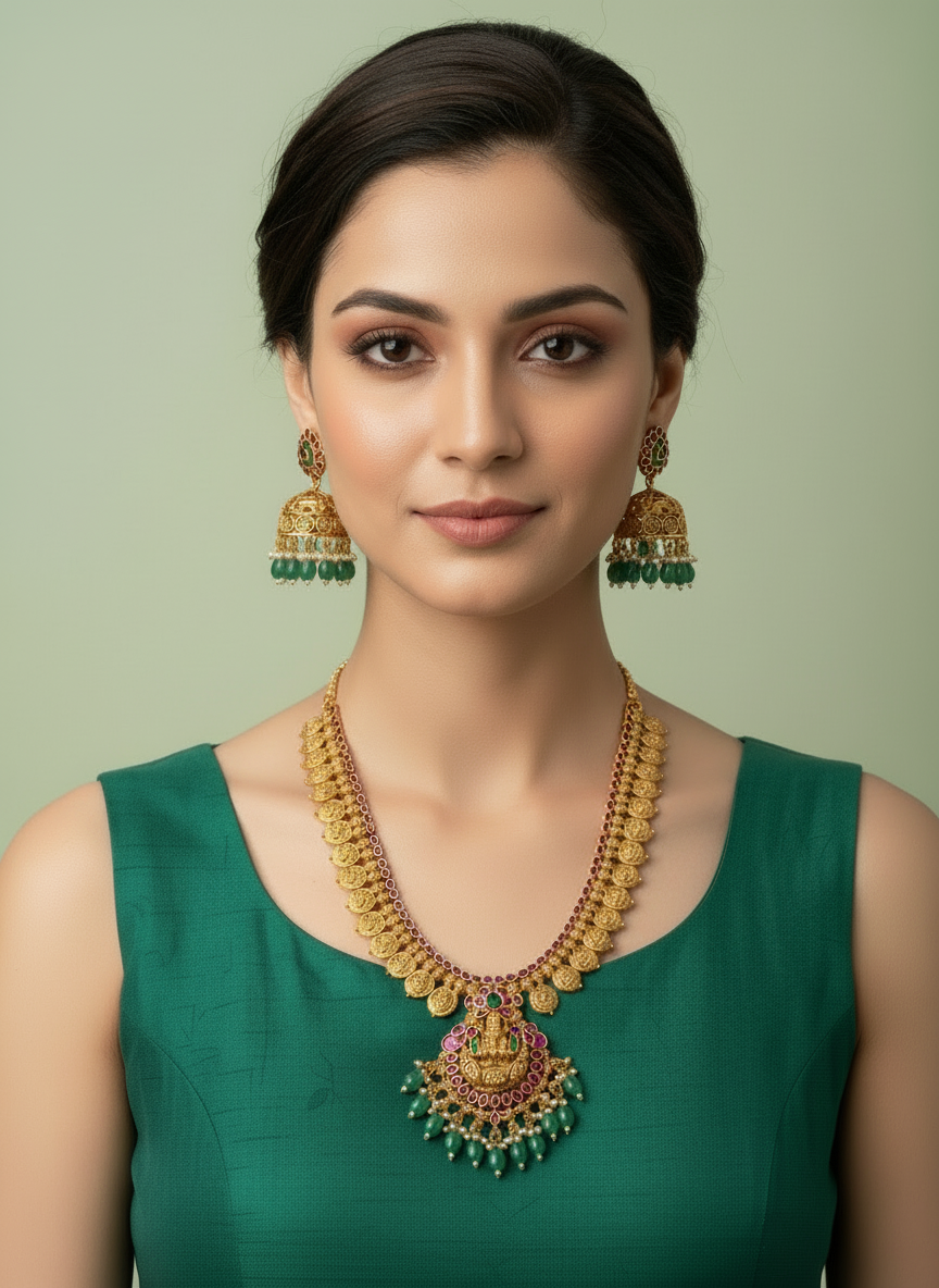 Woman wearing gold necklace and earrings on a light green background