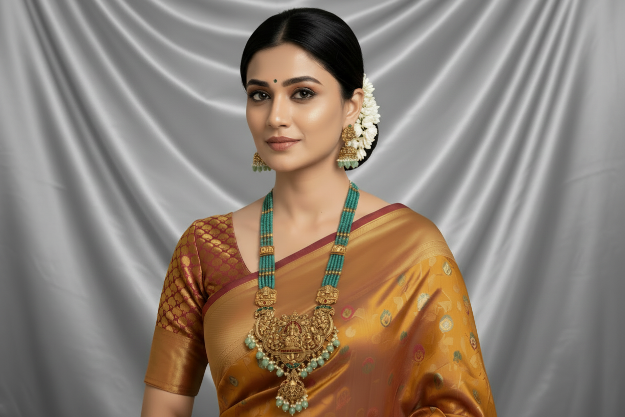 Woman wearing green bead south indian long necklace in a traditional saree with a light green background
