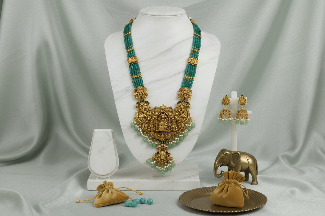 Gold and green south indian bead necklace set on a mannequin with accessories on a light green background