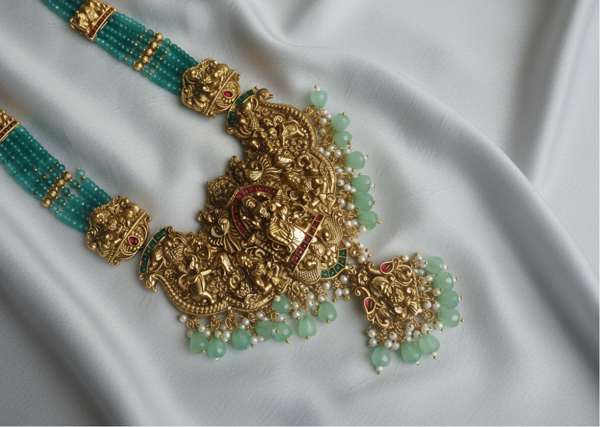 Ornate gold and green beaded south indian necklace with matching earrings on a light green fabric background
