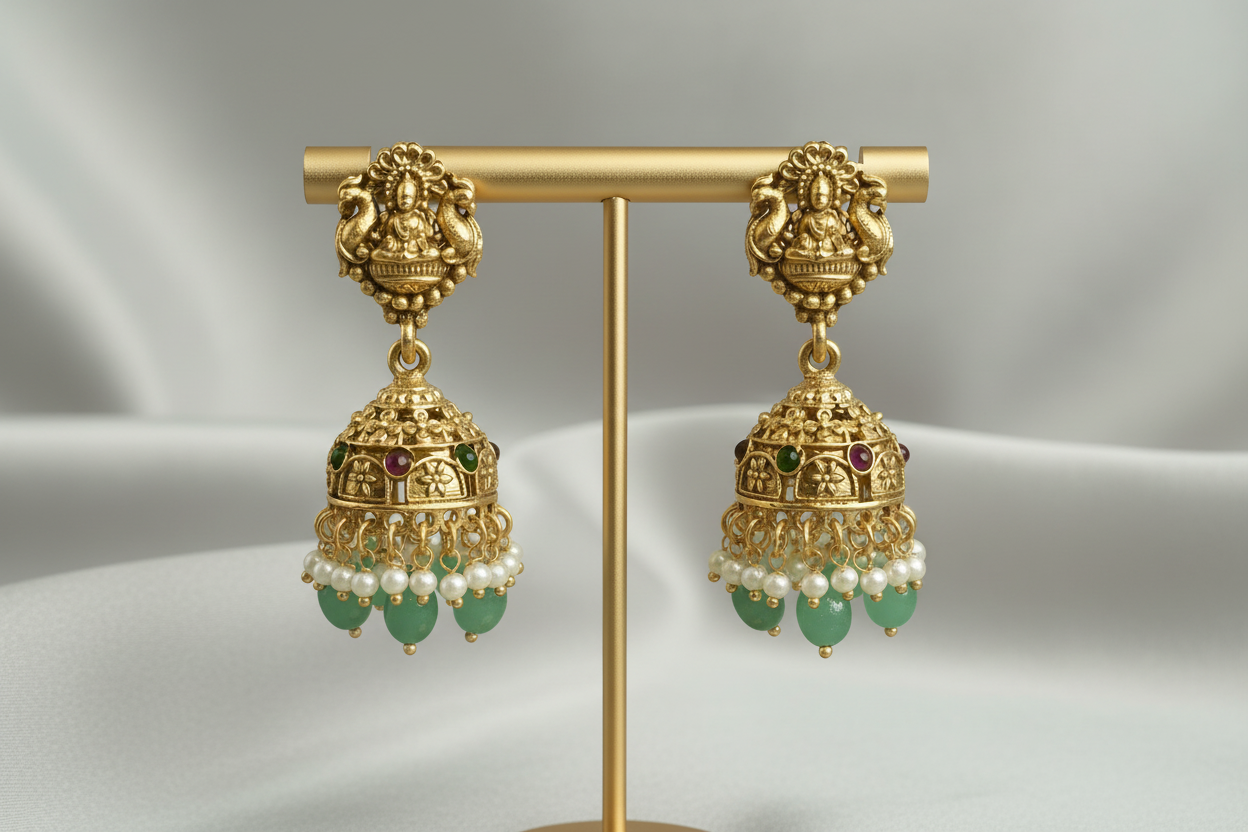 Gold south earrings with green and pearl accents on a gold stand against a gray background