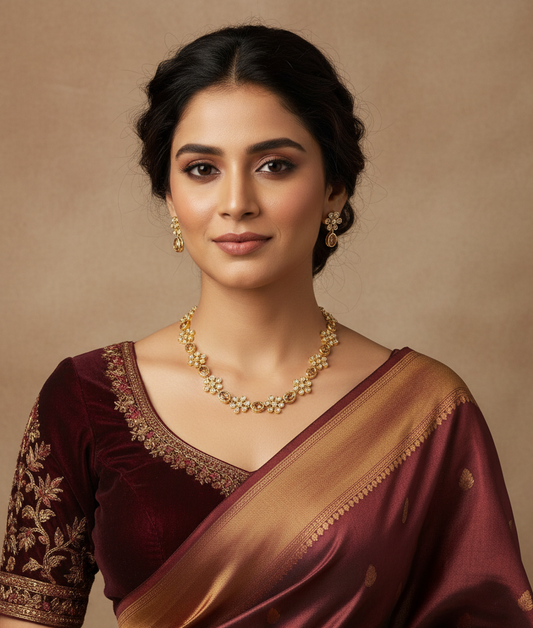 Woman wearing a maroon saree with gold border and jewelry against a beige background