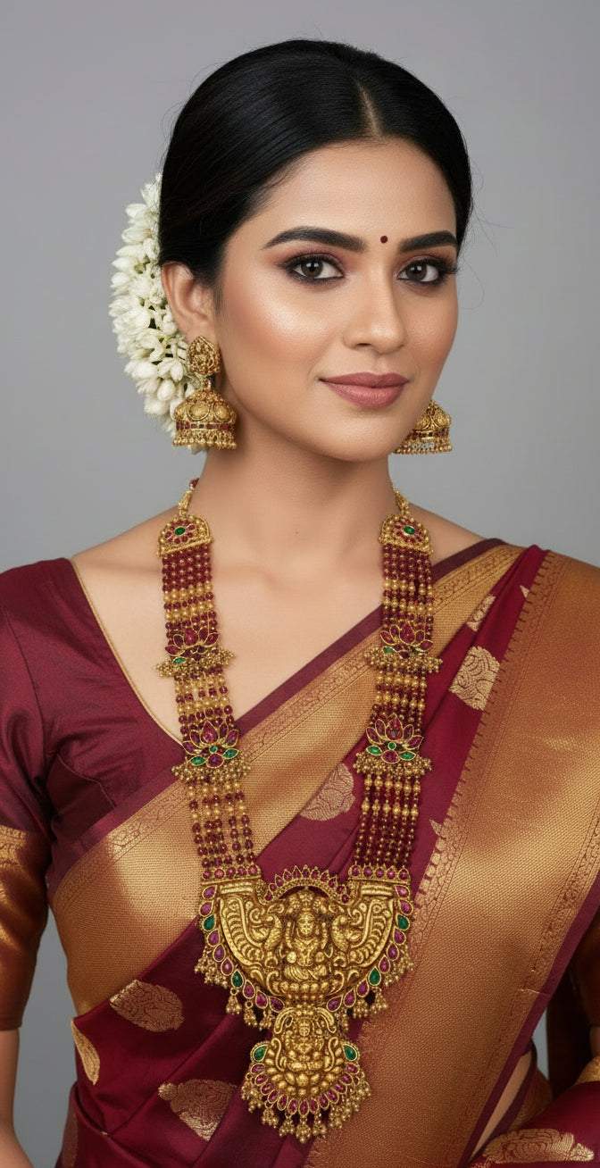 Woman wearing traditional maroon saree with gold jewelry against a gray background