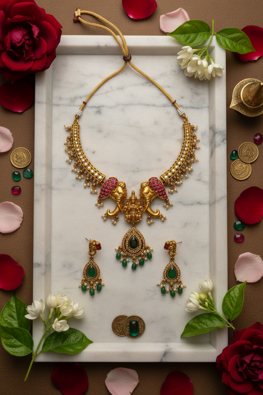 Short Necklace Set | Multicolor Temple Jewellery -  House of Abiani