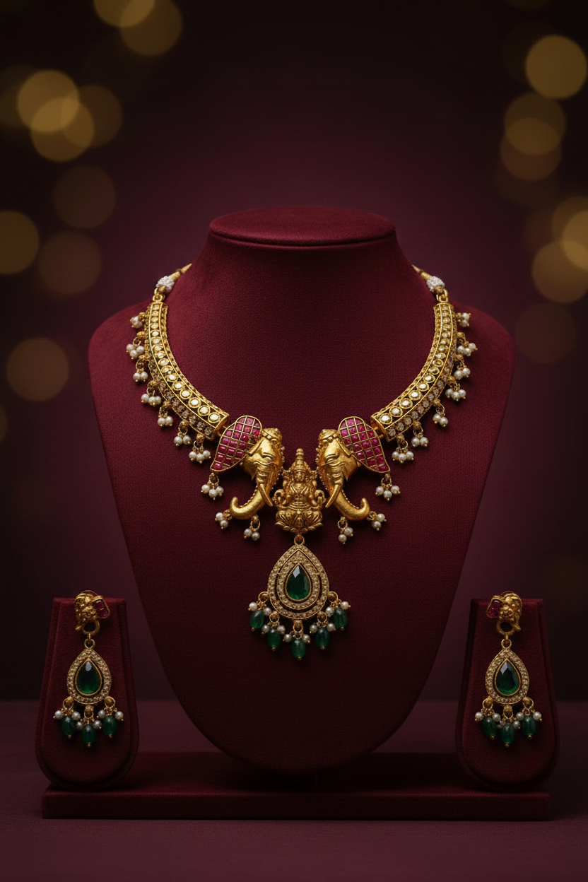 Short Necklace Set | Multicolor Temple Jewellery -  House of Abiani