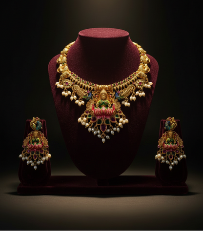Short Necklace set | Multicolor Temple Jewellery - House of Abiani