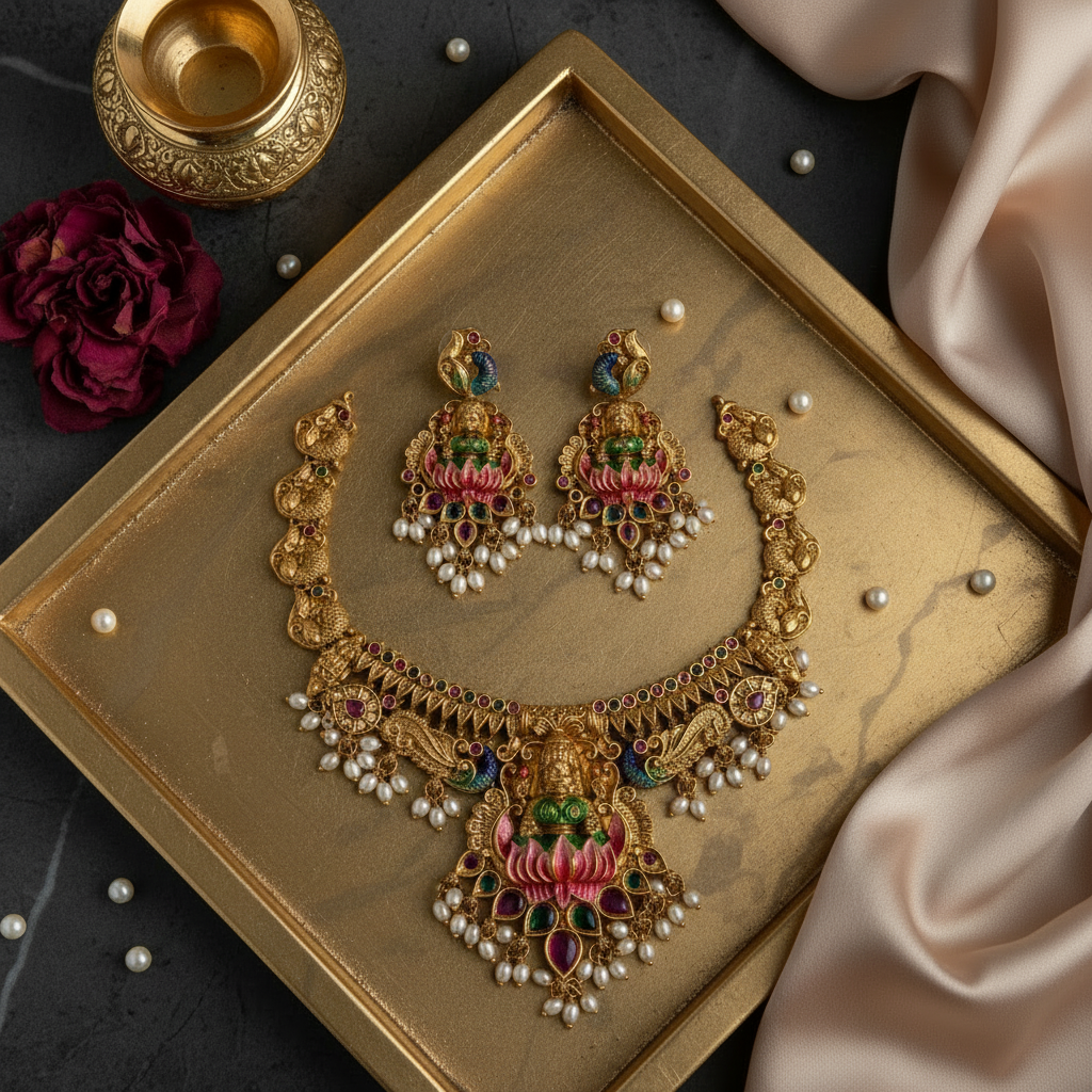 Short Necklace set | Multicolor Temple Jewellery - House of Abiani