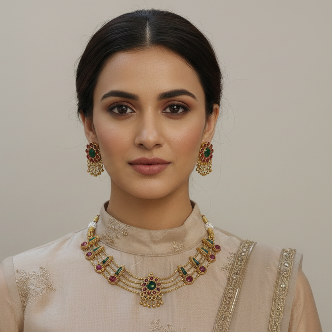 Woman wearing traditional jewelry against a plain background
