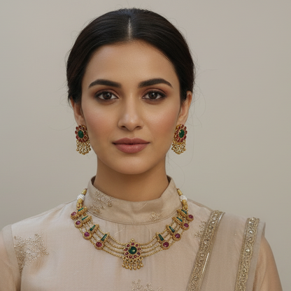 Woman wearing traditional jewelry against a plain background
